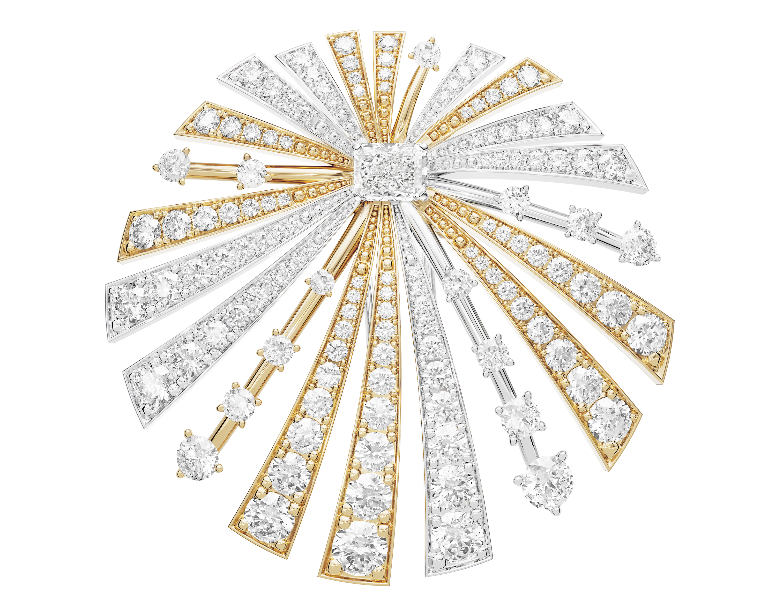 Soleil dOr Sunrise brooch in yellow and white gold and diamonds